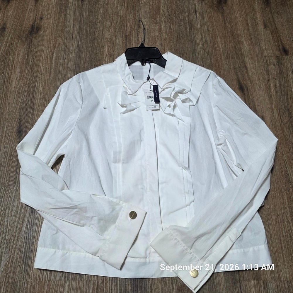 Magaschoni Collection White Ruffle Front Long Sleeve Blouse Gold Button Cuffs 14